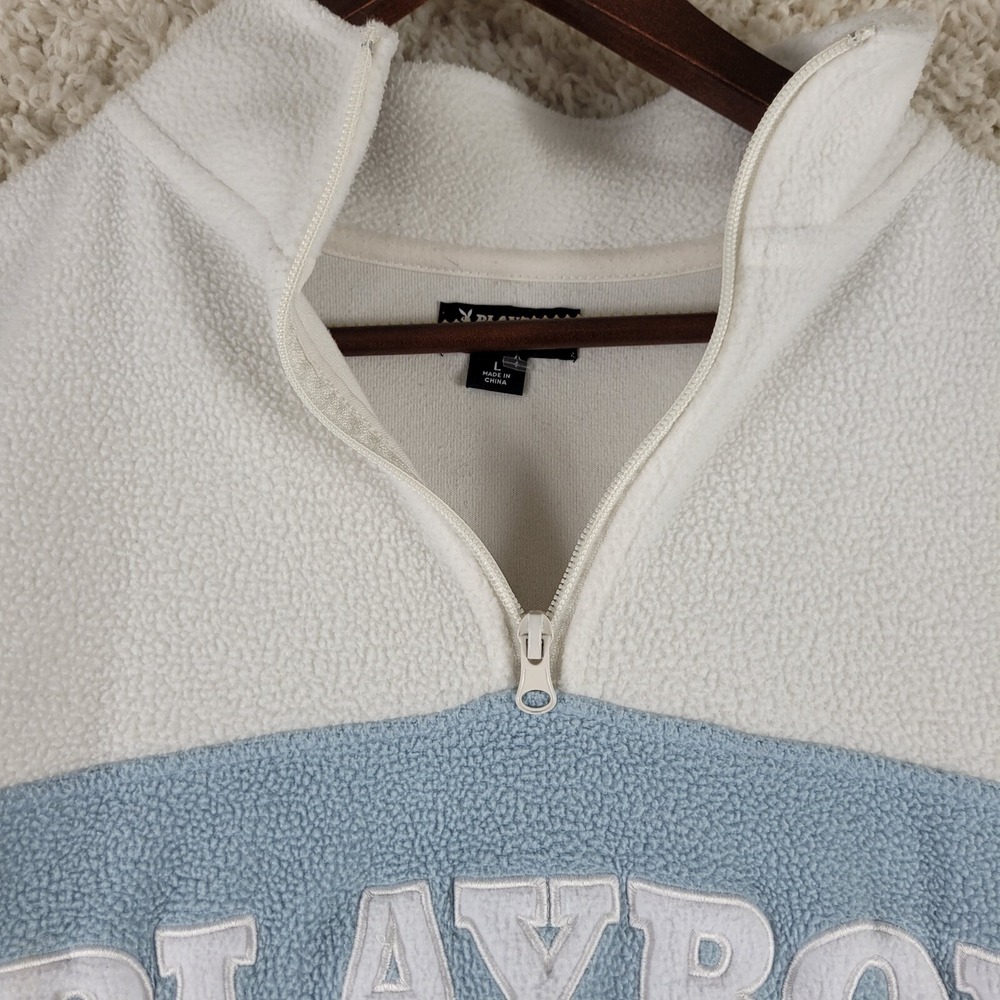Playboy By Pacsun Fleece Sweater Women's Large Crop 1/4 Zip Pullover Ivory Blue - Picture 2 of 10